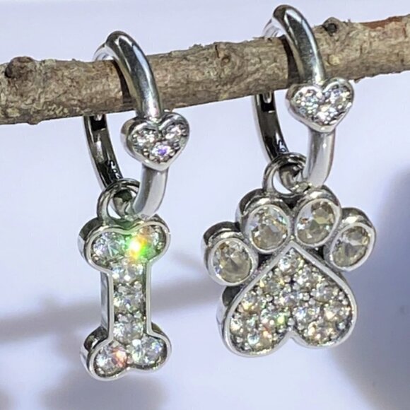 Sterling Silver Paw Print and Bone with Cubic Zirconia Stones Earrings - Picture 1 of 5